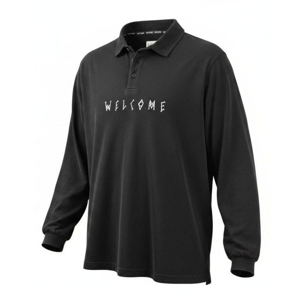Welcome Skateboards Black Long Sleeve Polo Shirt with Logo Graphic Size L